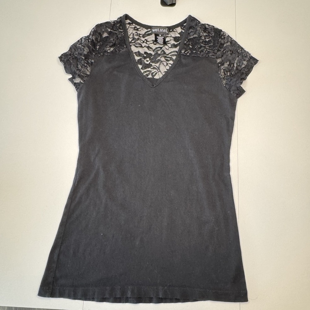 Vintage Y2K Wet Seal Black Lace Cap Sleeve Top Womens Size M V-Neck Gothic 78749